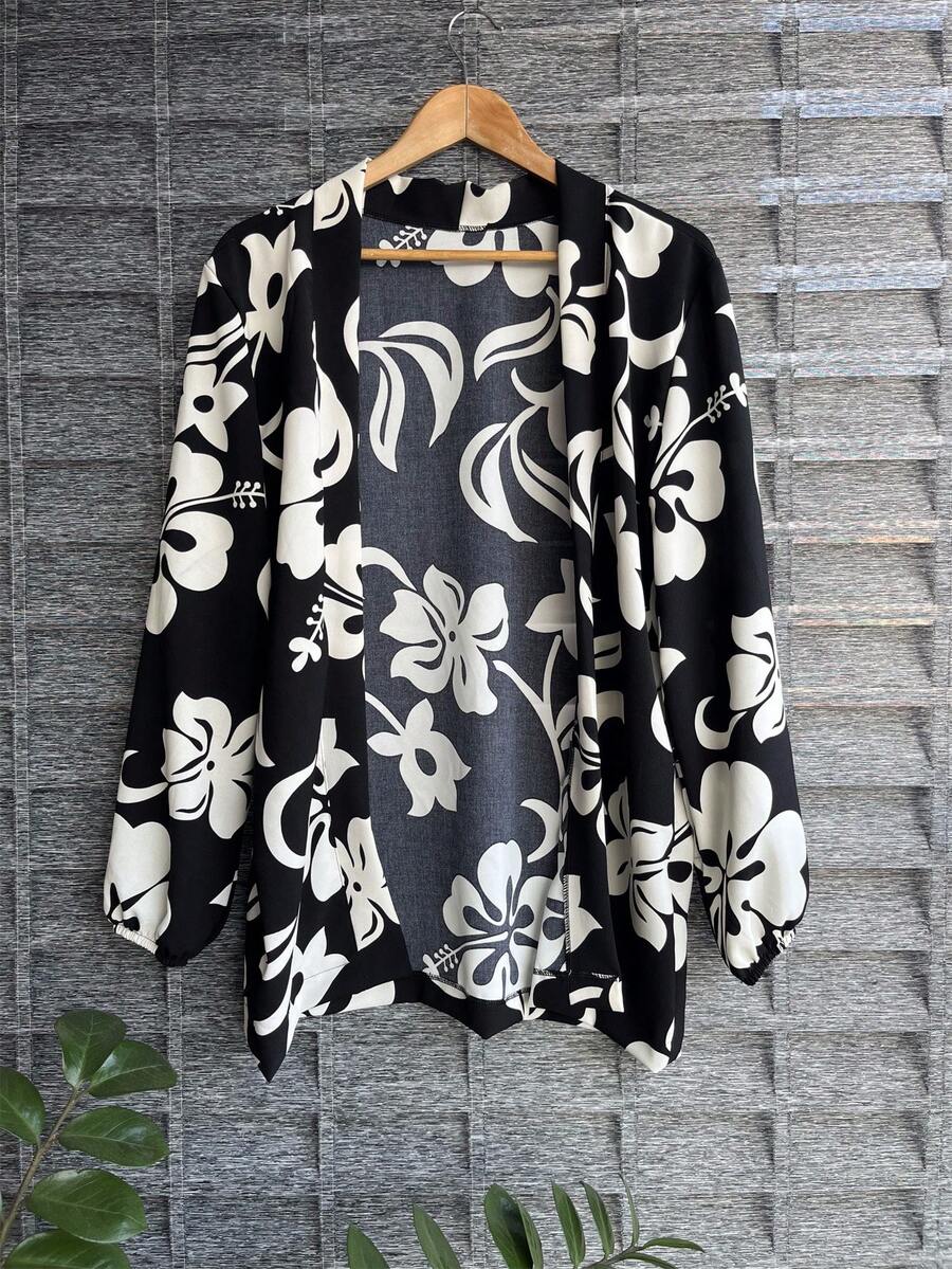 Women's Kimono Blouse, Cardigan, Dune Style, Beach Cover-Up. - 印刷黑色1 - 查看 1
