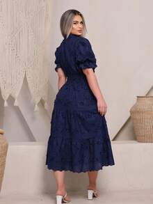 Women's Fashion Midi Dress In 3D Laise Fabric With Elastex On The Back And Button On The Front And Lining - 海軍藍.3d - 查看 3