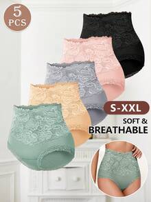 5pcs Women's Cotton High Waist Briefs, Lace Trim Triangle Panties, Soft & Comfortable Underwear For Everyday Wear - 彩色 - 查看 5