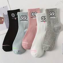 5 Pairs Women's Character Face Print Socks - Features Whimsical Eyes, Nose And Mouth Designs, Soft Pastel Hues, Breathable Mid-Calf Construction For Spring/Autumn Wear