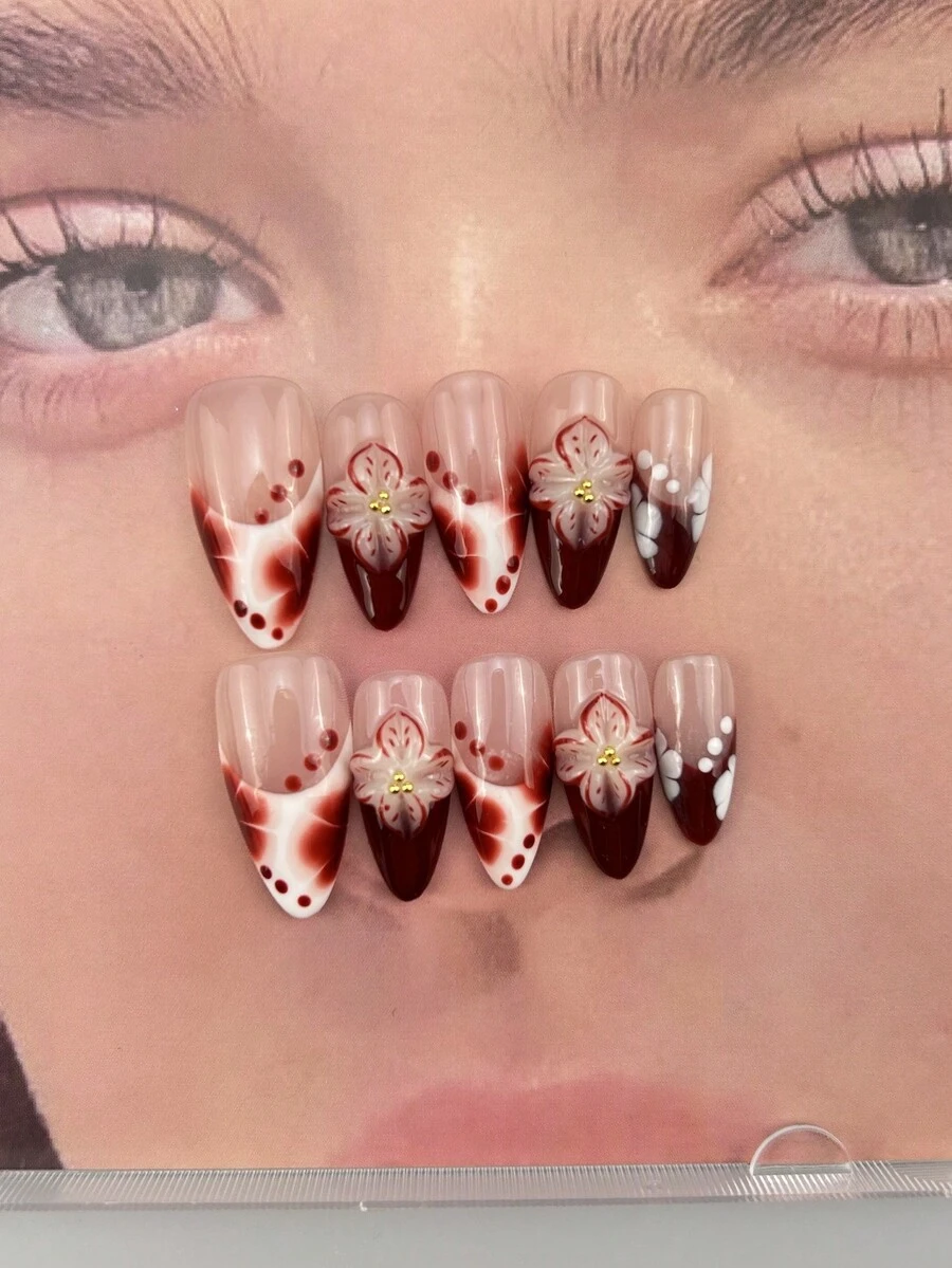 10pcs Handmade Nails Almond Nails Press On Nails Medium, Elegant Red White Nails, French Tip Nails, Smudge Gradient Hand-Painted Polka Dots Floral 3D Carved Embossed Flower, Premium Universally Flattering Nail Tips,Edgy Elegant Luxury Handcrafted Summer Nails, Modern Aesthetic Handmade Nails, Party Daily & Dating Use Beach Tropical Getaway Suitable,DIY False Nail Art Suitable For Women & Girls As Gift Nail Supplies - Red - View 1