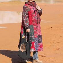 LUZU JUNU Women's Trench Coat Floral Print Long Cotton Linen Jacke Cottagecore Clothing Patchwork Outwear Bohemian Unique - 玫瑰暖絎縫 - 查看 2