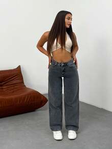 Kadın Koyu Mavi Soluk Efekt Likralı Yüksek Bel Geniş Paça Bol,Salaş Palazzo Jeans - Dark Grey - View 4