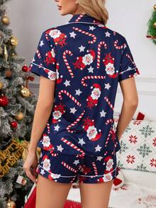 Set de pijamale de Crăciun cu imprimeu de Moș Crăciun pentru femei, top cu mânecă scurtă și guler cu nasturi și pantaloni scurți, lenjerie de casă casual confortabilă, potrivită pentru acasă sau în aer liber, primăvară/vară/toamnă/iarna, haine de toamnă - Albastru marin - Vizualizare 2