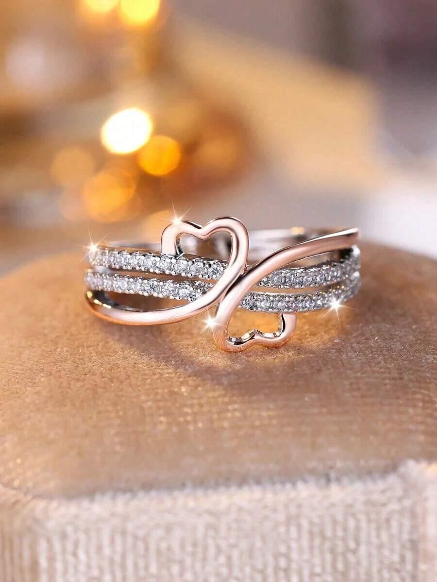 Double Heart Design Rose Golden &Silvery Copper Ring, Luxury Wedding Party Holiday Daily Wear, Reliable Accessories Valentines - Vàng hồng - Xem 1