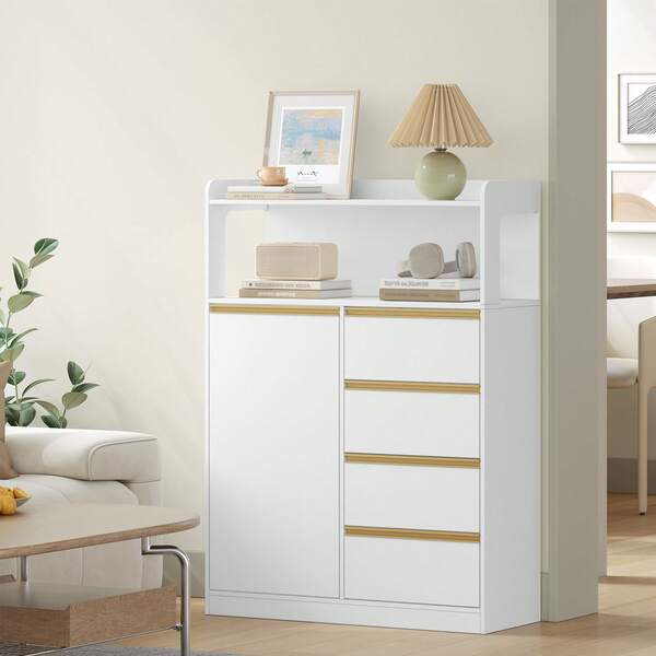 HaluPeit Badezimmerschrank, Küchenschrank, Aufbewahrungsschrank mit 4 Schubladen und Offenem Regal, Badschrank Hoch, Verstellbare Ablage, für Badezimmer, Wohnzimmer, Weiß, 29 x 80 x 110 cm