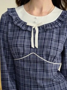 Simple Retro 女士休闲圆领蝴蝶结撞色格纹优雅长袖连衣裙，秋冬款 - 藍色 - 查看 4