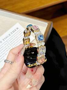 1pc Gemstone & Glitter Jewelry Crystal Diamond Encrusted Gold Metal Frame Watch Band, Compatible With Ultra3 2 1 SE S10 S9 S8 S7 S6 S5 S4 S3 S2 S1, Fashionable & Elegant, Suitable For 38mm 40mm 41mm 42mm 44mm 45mm 46mm 49mm Smart Watches Women