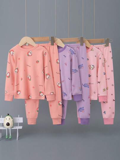 6 件套女童卡通棉质睡衣套装，可爱猫咪、兔子、大象印花加厚长袖上衣和裤子，纯棉睡衣，全身印花，秋冬