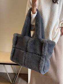 新款秋季米色大容量毛绒托特包，时尚简约设计女士单肩包，适合学生，日常通勤 - 灰色 - 查看 3