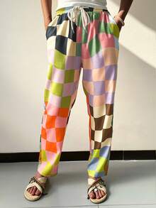 2025夏季休闲度假海滩时尚街头风格抽绳撞色格纹裤装女士早午餐装 - 彩色 - 查看 2