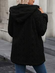 Chaqueta con capucha de piel sintética de unicolor con bolsillo y botones delanteros con estampado de argyle para uso diario en invierno para mujer