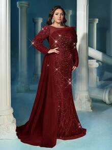 闪耀迷人香槟色加大码亮片长袖美人鱼下摆礼服裙（大量缀饰） - 酒紅色 - 查看 6