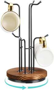 HULISEN 360° Rotating Mug Tree For Large Cups, Counter Coffee Mug Holder With 6 Hooks, Metal Coffee Cup Rack Stand For Countertop With Stable Wooden Base, Kitchen Counter Decor