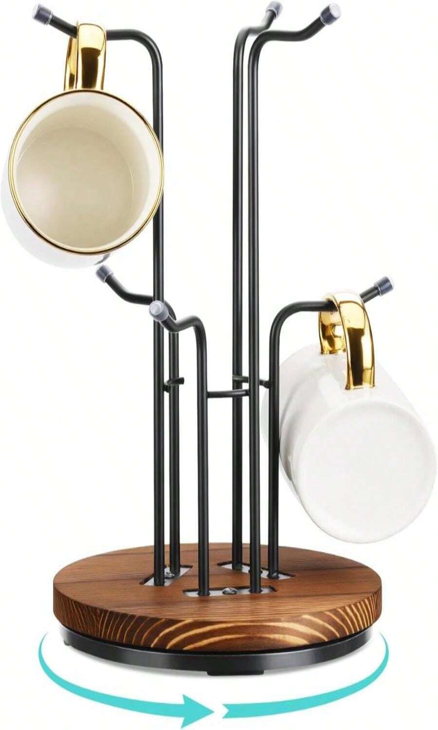 HULISEN 360° Rotating Mug Tree For Large Cups, Counter Coffee Mug Holder With 6 Hooks, Metal Coffee Cup Rack Stand For Countertop With Stable Wooden Base, Kitchen Counter Decor