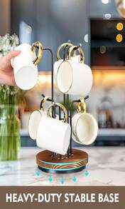 HULISEN 360° Rotating Mug Tree For Large Cups, Counter Coffee Mug Holder With 6 Hooks, Metal Coffee Cup Rack Stand For Countertop With Stable Wooden Base, Kitchen Counter Decor