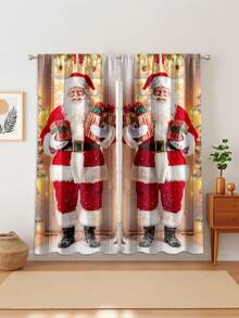 2 pièces Rideaux imprimés avec Père Noël et boîte-cadeau, rideaux décoratifs minimalistes à demi-transparents, rideaux en polyester légers offrant de l'intimité, convenant pour la décoration de Noël dans la chambre, le salon, le bureau, le bureau d'étude, la décoration d'intérieur