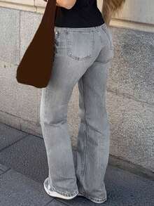 MYOURSA 女士低腰直筒水洗牛仔裤，宽松版型，休闲通勤日常穿着，灰色 - 淺灰色 - 查看 5