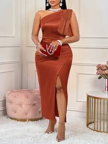 BIUBIU Plus Size Women's Sexy Red Bow Shoulder Ruched High Slit Satin Solid Color Dress, Suitable For Party, Wedding, Anniversary And Other Occasions Elegant Summer - Rust Brown - View 5