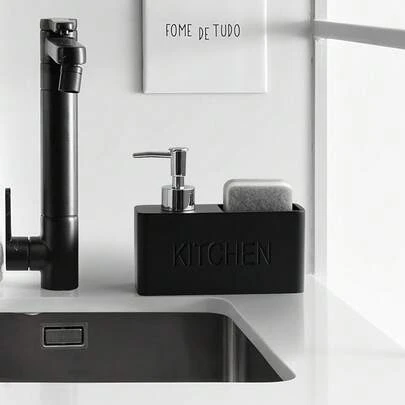 Multifunktionell tvålpump, bänkdisklotionflaska med svamphållare, flytande tvålpump för badrum, praktisk påfyllningsbar tomflaska för handfat, badrumstillbehör 9,47 oz harts tvålpump för kök och badrum med inbyggd rengöringsborste och förvaringslåda - ftalatfri, fristående design, ingen elektricitet behövs för disk, bänkskivor, händer