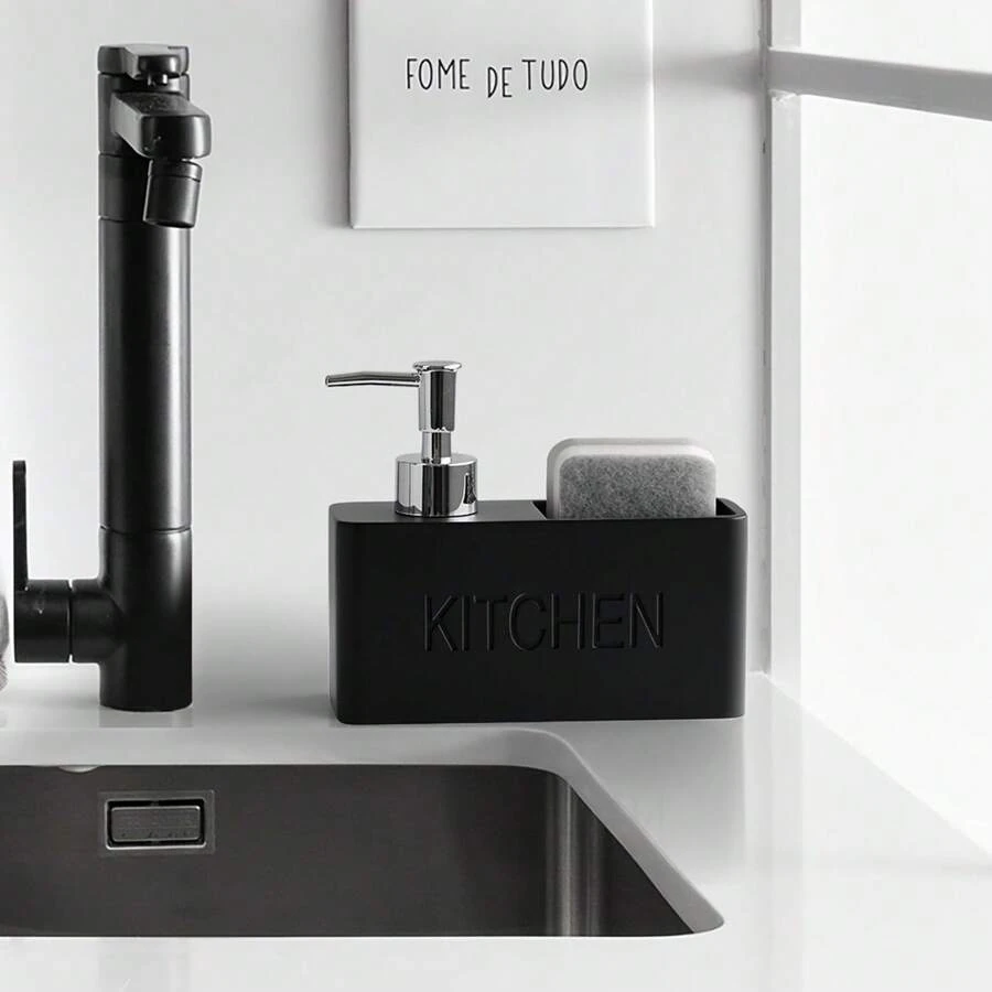 多功能皂液器，带海绵架的台面乳液瓶，浴室液体皂液器，实用水槽可再填充空瓶，浴室配件 9.47 盎司树脂厨房和浴室皂液器，内置清洁刷和储物盒 - 不含邻苯二甲酸盐，独立式设计，无需电力即可清洁餐具、台面和手 - 黑色 - 查看 1