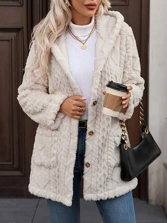 Manteau à capuche de couleur unie avec boutons devant et poches, pour un usage quotidien en hiver