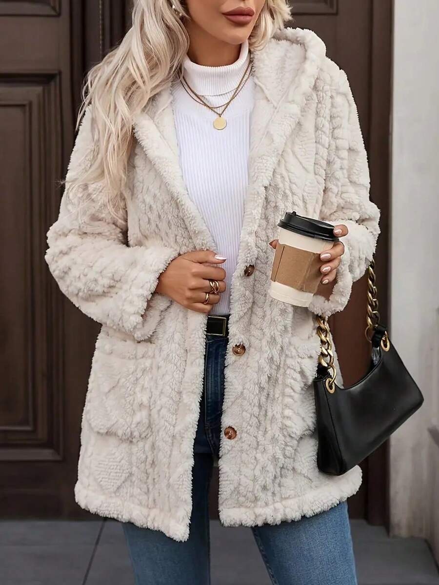 Abrigo con capucha de unicolor, de botones delanteros y bolsillo, para uso diario en invierno - color albaricoque - Ver 1