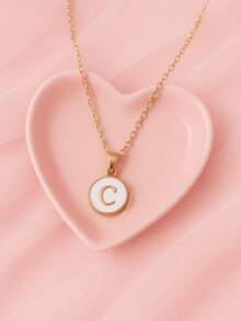 Initial Letter Necklace White Black Pink Stainless Steel Chain - 白色 - 查看 1