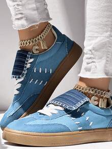 女士蓝色休闲运动鞋，系带舒适轻便平底鞋，学院风帆船鞋，开学季新品 - 藍色 - 查看 6