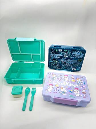 1件儿童便携饭盒微波炉饭盒办公室午餐盒Tritan材质耐高温透光性好无异味抗摔性强带密封条强力扣合多格设计防止异味转移易于清洗配有餐具收纳格方便携带附赠酱料盒1300ml大容量