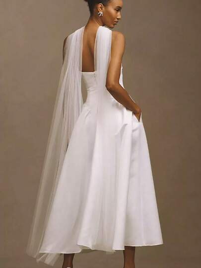 1pc Women's Elegant Long White Photography & Travel Shawl Scarf, Bridal Wedding Outfit Accessory, Suitable For Halloween, Parties, Christmas Fall Clothes For Women