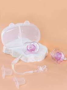 KUNT 4pcs Baby Pacifier Set, Daytime Round Nipple, Nighttime Flat Nipple, Silicone Pacifier Nipples With Dust Cover And Plastic Handle, PTCG Transparent Shell Design