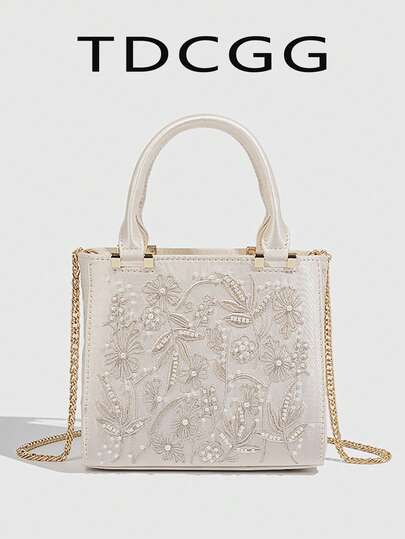 حقيبة يد نسائية مطرزة ثلاثية الأبعاد بالزهور واللؤلؤ مع سلسلة ذهبية، حقيبة كتف وعبر الجسم أنيقة وعصرية، مناسبة لحفلات الزفاف والحفلات والعمل والعطلات والهدايا، حقيبة مربعة صغيرة