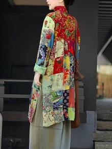 LUZU JUNU Women's Trench Coat Floral Print Long Cotton Linen Jacke Cottagecore Clothing Patchwork Outwear Bohemian Unique - 綠夾克 - 查看 6