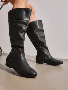 Women's Wide Calf Knee High Boots Fur Lined Side Zipper Fall Winter Boots - PU đen - Xem 2