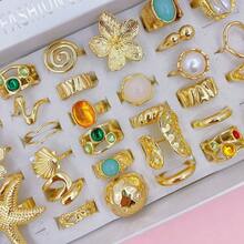 20pcs/Pack Luxury Faux Pearl Inlaid Alloy Women's Ring Set, Elegant Exaggerated Flower & Starfish Mixed Styles, Multi-Piece Open Adjustable Rings For Party, Wedding, Daily Wear, Fashion Jewelry Gift, Random Assortment