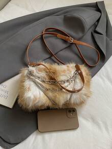 Ombre Plush Chain Underarm Bag, Suitable For Autumn And Winter Outdoor Use - màu nâu - Xem 3