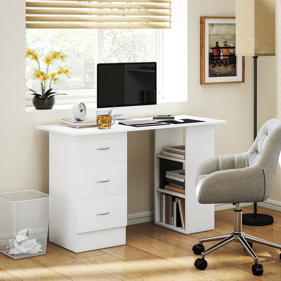 HOMCOM Computer Desk, Writing Table, PC Workstation With 3 Storage Shelves And Drawers, Silver Handle, For Home Office, White - White - View 1