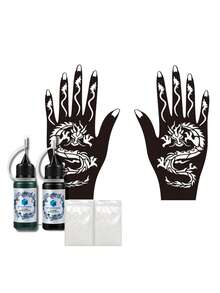 2 szt. szablonów do tatuażu Hollow Tattoo + 2 szt. pisaków do malowania ciała Combo Set, henna do rysowania smoka na ramionach, nadgarstkach, ciele, tymczasowy wodoodporny zestaw szablonów do fałszywych tatuaży, unisex - Wielokolorowe - Zobacz 10