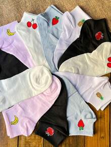 Kit 12 Pares Meia De Fruta Estampadas Cano Curto Soquete Algodão Moda Feminina - Multicolorido - Visão 5