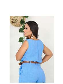 Women's Set Tank Top And Pants Tailored Simple Elegant Casual With Belt Pocket - 淺藍色 - 查看 3