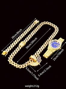 Conjunto de collar con colgante de alas de murciélago con diamantes y reloj de esfera azul con diamantes completos, joyería con cadena cubana con brillo para raperos y ropa urbana - Azul - Ver 5