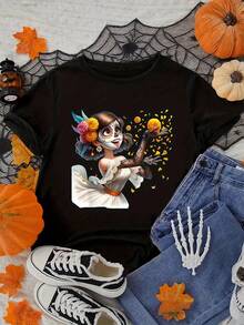 Camiseta de Mujer para el Día del Muertos Mexicano - Estampado La Calavera Catrina, Cuello Redondo Suave y Manchas Cortes Casual con Diseño Floral & Cráneo Azucarero Lavable a Maquinaria Ideales Para Celebraciones Del "Días De Los Fallecidos" Y Atuendros Informais. Impresión Vibrante Con Motivos Marigolda, Aptita Pera Primavera/Verano/Otoñada e Invierno Tela Elástica Comoda Ropaje Cultural Festivo Mejican - Oscuro - Ver 1