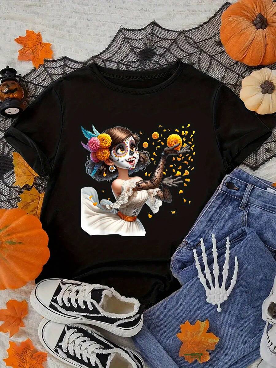 Camiseta de Mujer para el Día del Muertos Mexicano - Estampado La Calavera Catrina, Cuello Redondo Suave y Manchas Cortes Casual con Diseño Floral & Cráneo Azucarero Lavable a Maquinaria Ideales Para Celebraciones Del "Días De Los Fallecidos" Y Atuendros Informais. Impresión Vibrante Con Motivos Marigolda, Aptita Pera Primavera/Verano/Otoñada e Invierno Tela Elástica Comoda Ropaje Cultural Festivo Mejican - Oscuro - Ver 1
