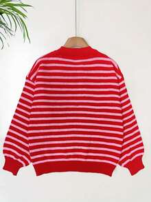 女士休闲宽松条纹圆领落肩毛衣，适合春季、秋冬季节，女士休闲上衣，优雅女士衬衫派对上衣红色上衣假日装扮 - 紅色 - 查看 4