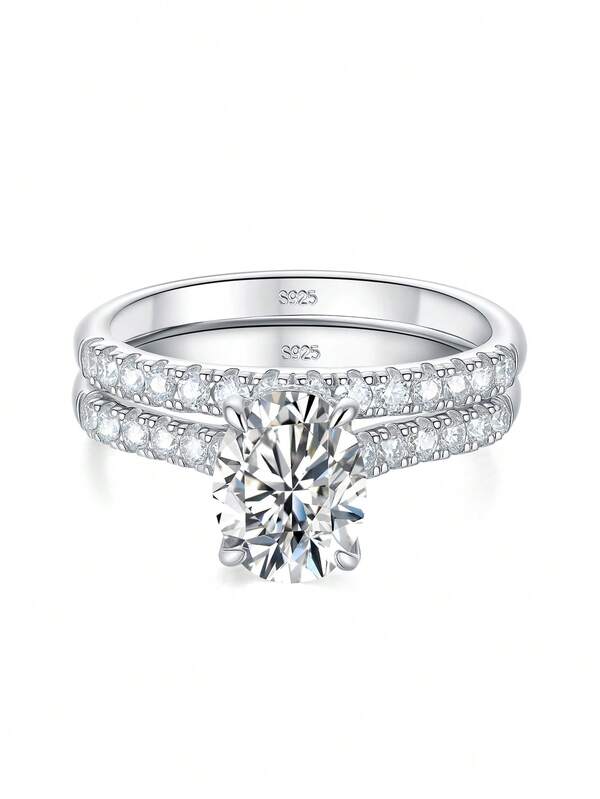 AIHUASI 2pcs/Set Luxury 925 Sterling Silver Moissanite Diamond Wedding Ring Bridal Set For Women 7*9mm 2.0Ct Oval Cut Dazzling D Color VVS1 Moissanite Elegant Engagement Rings Fine Jewelry Valentines Gift