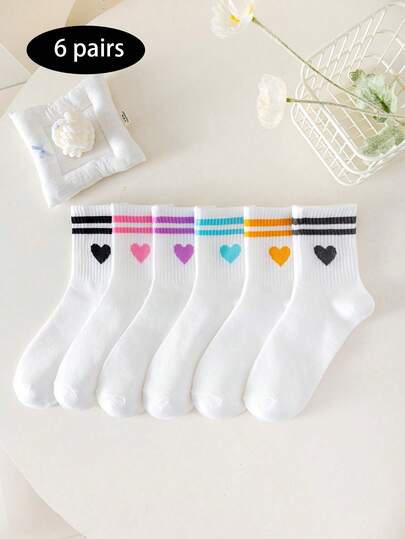3/6 Pairs Women's Colorful Double Stripe & Heart Pattern Mid-Calf Socks