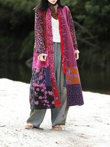 LUZU JUNU Women's Trench Coat Floral Print Long Cotton Linen Jacke Cottagecore Clothing Patchwork Outwear Bohemian Unique - 玫瑰毛絨襯裡 - 查看 4