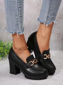 女士黑色厚底高跟乐福鞋，链条搭扣，一脚蹬厚底鞋 - 黑色(粗鏈條) - 查看 4