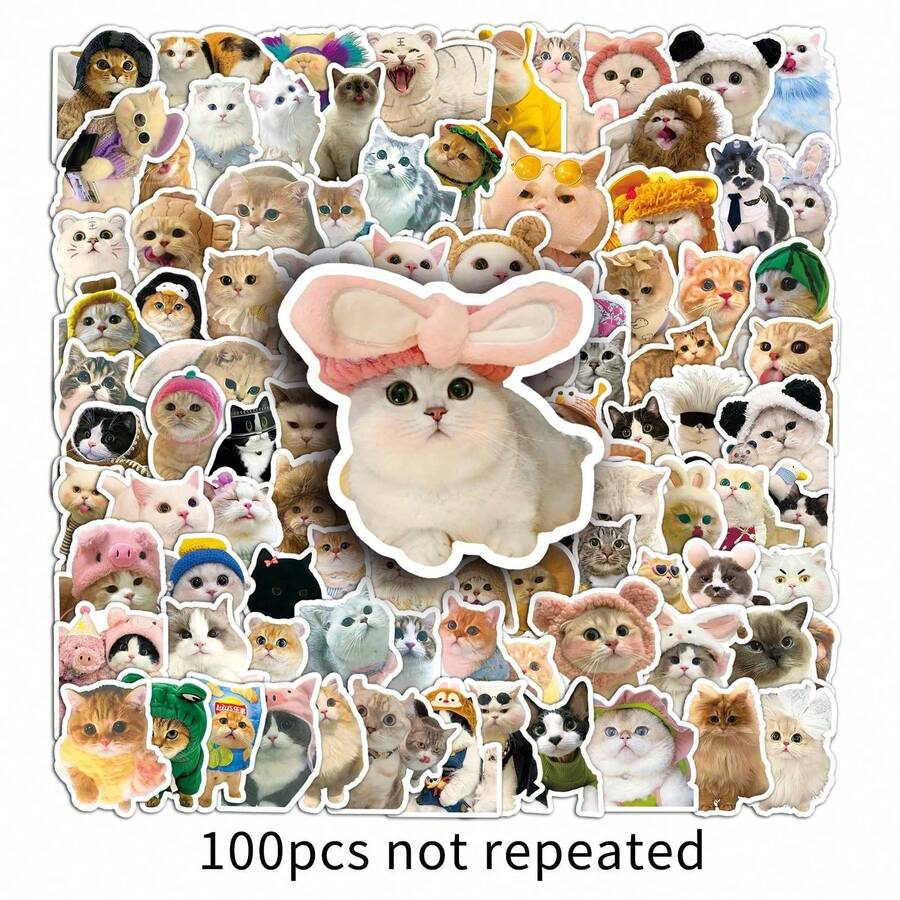 100 Cute Kitten Cartoon  Creative Gooka Hand Ledger Decorative Water Cup Phone Case Stickers, Halloween, Back To School Label Processing Stickers